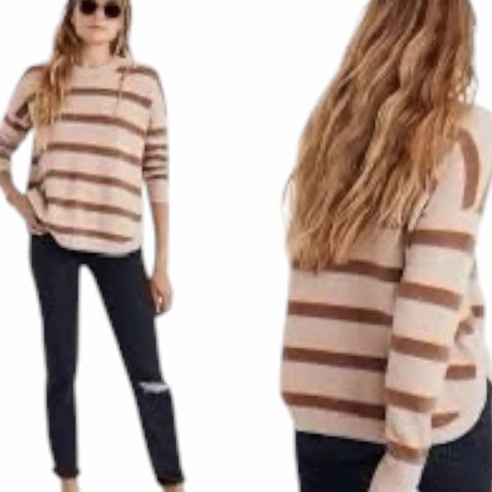MADEWELL Women’s Beige Purple Striped Westlake Pullover Sweater Coziest Yarn XS